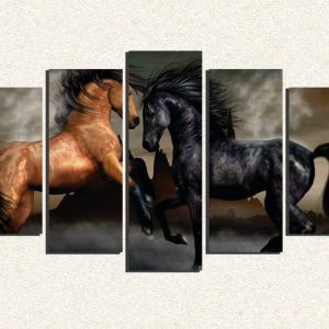 Cuadro 5 piezas Caballos negro cafe