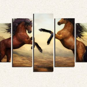 Cuadro 5 piezas Caballos cafe