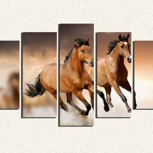 Cuadro 5 piezas Caballos cafe corriendo