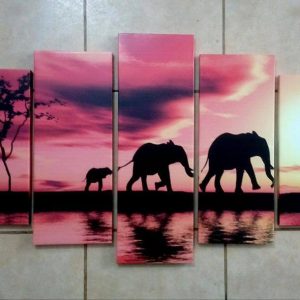 Cuadro 5 piezas Elefantes puesta de sol