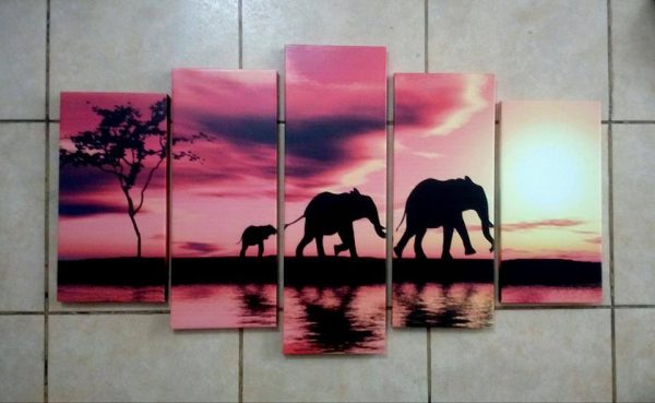 Cuadro 5 piezas Elefantes puesta de sol