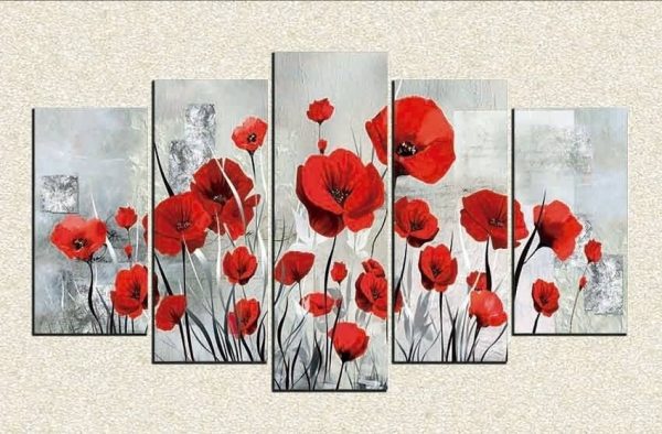 Cuadro 5 piezas Flores rojas
