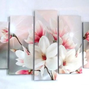 Cuadro 5 piezas Flores blancas y rosadas