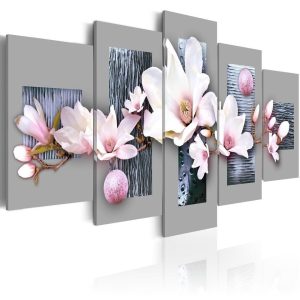Cuadro 5 piezas Flores blancas fondo gris