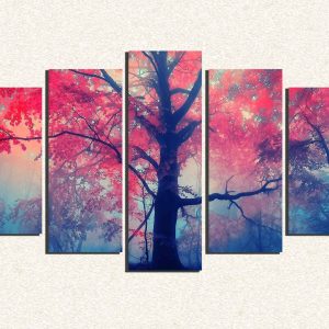 Cuadro 5 piezas Arbol hojas rosadas