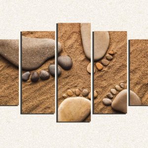 Cuadro 5 piezas Huellas en arena con piedra