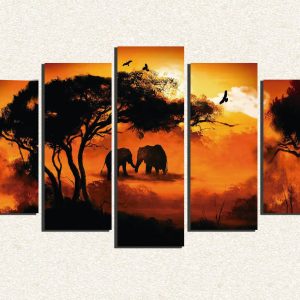 Cuadro 5 piezas Elefantes bajo un arbol