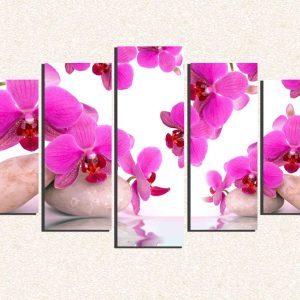 Cuadro 5 piezas Flores rosadas y piedras