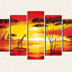 Cuadro 5 piezas Jirafas en atardecer