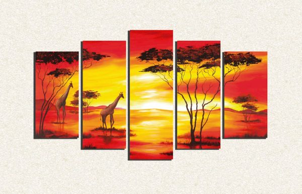 Cuadro 5 piezas Jirafas en atardecer