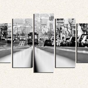 Cuadro 5 piezas Tranvia en la ciudad blanco y negro