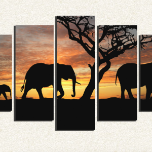 Cuadro 5 piezas 3 Elefantes en Atardecer